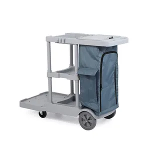 High Quality Hotel Room Service Flat Cart Plastic Cleaning Trolley For Grey Rubber Caster Wheel