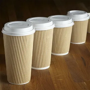 Disposable Hot Beverage Drinks Insulated Double Wall Ripple Coffee Cups Ripple with Plastic Lids