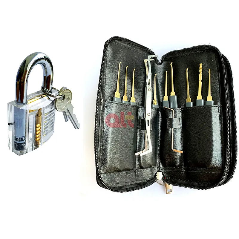 free shipping 24pcs locksmith unlocked lock pick tool with 1 piece transparent practice padlock