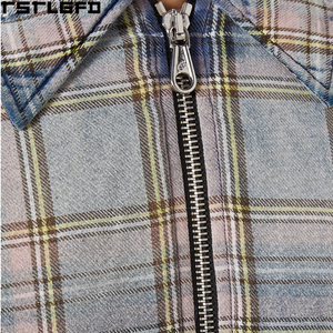 Surlieuse en coton brossé à carreaux bleu-gris, entièrement zippée, col rabattu, manches longues, ourlet élastique, décontractée, personnalisable, vente en gros, direct usine - Product Image 4