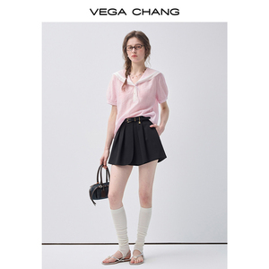 Chemisier rose clair décontracté VEGA CHANG avec col marin et manches bouffantes en tissu texturé – Vente en gros - Product Image 3