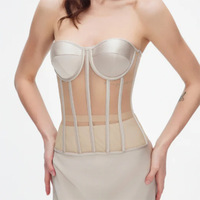 Corsé de Malla Transpirable para Mujer, Bustier Sexy, Reductor de Cintura para Boda, Top Corto Transparente, Copas con Varillas, Corsé Moldeador con Encaje