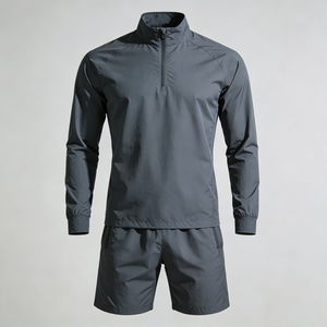 Conjunto Deportivo para Hombre, Camiseta de Manga Larga <span class=keywords><strong>y</strong></span> Pantalones Cortos, Diseño Sólido Personalizado, con Cierre de Media Cremallera, Secado Rápido, Transpirable, para Gimnasio <span class=keywords><strong>y</strong></span> Running, Verano - Product Image 1