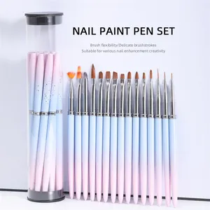 Nouvelle Arrivée 15 Pièce Professionnel Nail Painting Nylon Laine Rose Bleu Graduel Métal Titulaire Nail Brush Set Vente en Gros