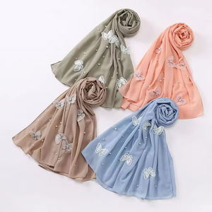 Hijab Musulmano Sciarpa in Chiffon con Perle e Fiori Tridimensionali a Farfalla, Sciarpa Lunga alla Moda - Product Image 1