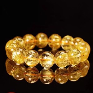 Pulsera de Cuarzo Rutilado Dorado Natural de Moda, Cuentas Redondas Lisas, Pulsera de Cuarzo Brasileño con Cabello de Oro, Energía Espiritual y Prosperidad - Product Image 4