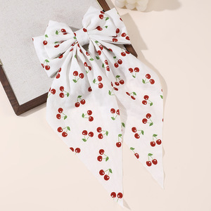 New Girls Elegant Oversized <b>Bow</b> Long Ribbon Fabric Alloy Hair <b>Clip</b> Sweet Handmade Cherry Print Spring Wedding Hair Accessory - Product Image 5