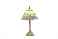 Lampe de chevet LED élégante bleu-vert à motif floral méditerranéen rétro, bord festonné de qualité supérieure pour table en verre teinté et résine