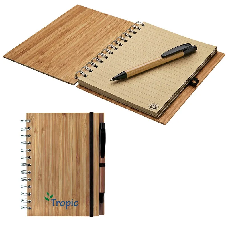 ECO-Friendly Spiral Bamboo Cover Notebook with pen Customized Recycled Bamboo Cover Notebook and Pen Gift Set