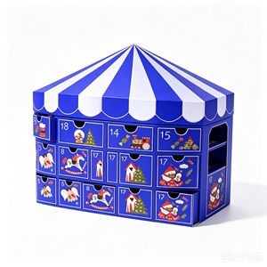 Custom Carousel Tent Shaped Advent <b>Calendar</b> Box 24 Days Blue White Stripe Empty OEM Christmas Surprise Gift Packaging Wholesale - Product Image 1