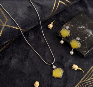 DIVYORO Minimalist Geometric Pendant <b>Necklace</b> & Earring Set Yellow Stone Oxidized Finish Designer <b>Statement</b> Engagement Jewelry - Product Image 2