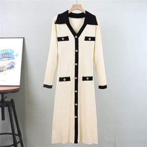 Nouvelle jupe longue en tricot de laine élégante style coréen automne/hiver 2024, taille haute, boutonnée, col en <span class=keywords><strong>V</strong></span>, <span class=keywords><strong>pull</strong></span>-over, coupe trapèze - Product Image 2