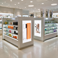 Présentoir autoportant de luxe pour boutiques, unité de gondole avec panneau de signalisation rétroéclairé par LED intégré, étagères en verre, armoire de rangement blanche