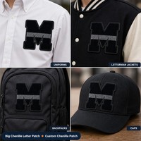 Grande Patch Lettre Chenille M 5 Pouces 3D Gonflée Brodé Noir Argent Gris Alphabet Thermocollant pour Sac à Dos Scolaire Personnalisé