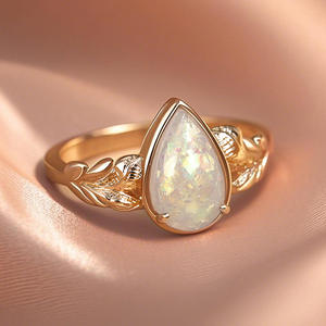 Anello A009 con Opale a Goccia, Placcato Oro, Montatura a Griffe, Gioiello Raffinato da Donna per Fidanzamento - Product Image 5