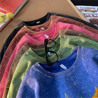 Kaos Pria Fashion Washed Dyed 280g Geometric Custom Graphic Print Warna Cerah Berwarna-warni Oversized Loose Fit Hip Hop Street Summer