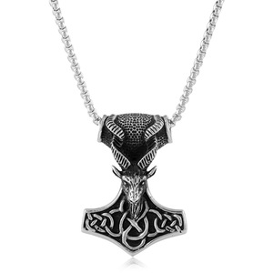 Collar yunnique de acero inoxidable con colgante de antílope y martillo de Thor para hombre, estilo punk, joyería de moda con signo del zodiaco animal, cadena de 3.0*60cm - Product Image 1