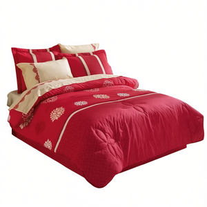 Juego de Funda de Edredón Catalina Roja Tamaño Queen, 9 Piezas, Bordado Floral, Ropa de Cama de Poliéster para Uso Doméstico - Product Image 1