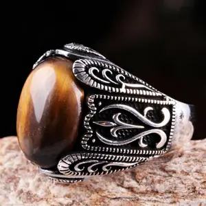 مجوهرات تركية كلاسيكية للرجال طراز عتيق مطلي بالفضة عتيق عربي رجل عين النمر العقيق خاتم زفاف خطوبة
