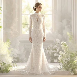 Nuovi Abiti <span class=keywords><strong>da</strong></span> Sposa 2026 Lussuosi ed Eleganti con Paillettes, Maniche Lunghe, Scollo a V e Strascico Lungo Stile <span class=keywords><strong>Sirena</strong></span> - Product Image 5