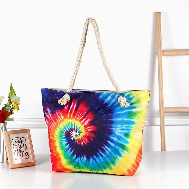 Rainbow Tie-dyed Whirl Pattern Extra Large Canvas Beach Travel Reusable Grocery Shopping Tote Bag Foldable Portable Storage Hand