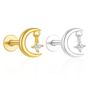 Piercing d'oreille unique en argent sterling 925, zircon lune, dos plat, pour cartilage et hélix - Product Image 1