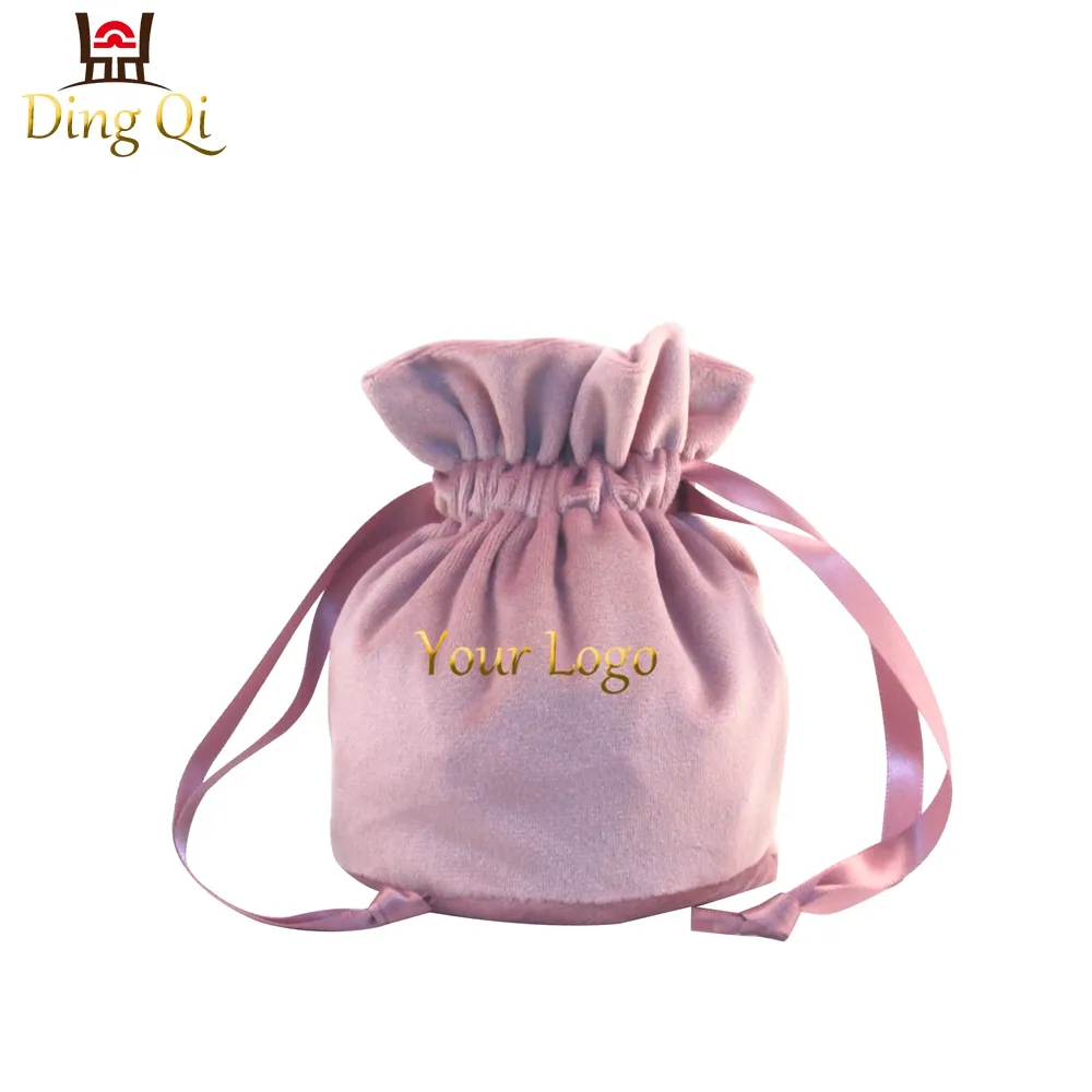 Logo Kustom Tas Serut Beludru Hadiah Perhiasan Pink Lembut Bulat Kecil Mewah Modis untuk Kemasan Lilin