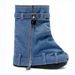 Brand New Thick Sole Women's Short Boots Denim Metal Lock Overlay Silver Ankle Booties <b>Round</b> <b>Toe</b> Flat Bottom Wedge <b>Heels</b> Shoes - Product Image 6