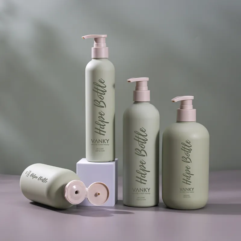 Eco friendly shampoo and lotion bottle recyclable manufacturer plastic bottle set matte green shower gel cosmetic packaging