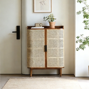 <span class=keywords><strong>Meuble</strong></span> de rangement d'angle pour chaussures en <span class=keywords><strong>bois</strong></span> de frêne et rotin, style moderne Wabi-Sabi nordique du milieu du siècle, pour salon de maison - Product Image 1