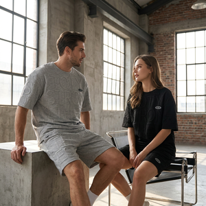 Ensemble T-shirt et short <span class=keywords><strong>pour</strong></span> <span class=keywords><strong>homme</strong></span> avec lettrage 3D en relief personnalisé, style Gorpcore, surdimensionné, unisexe, OEM, vente en gros, streetwear - Product Image 4
