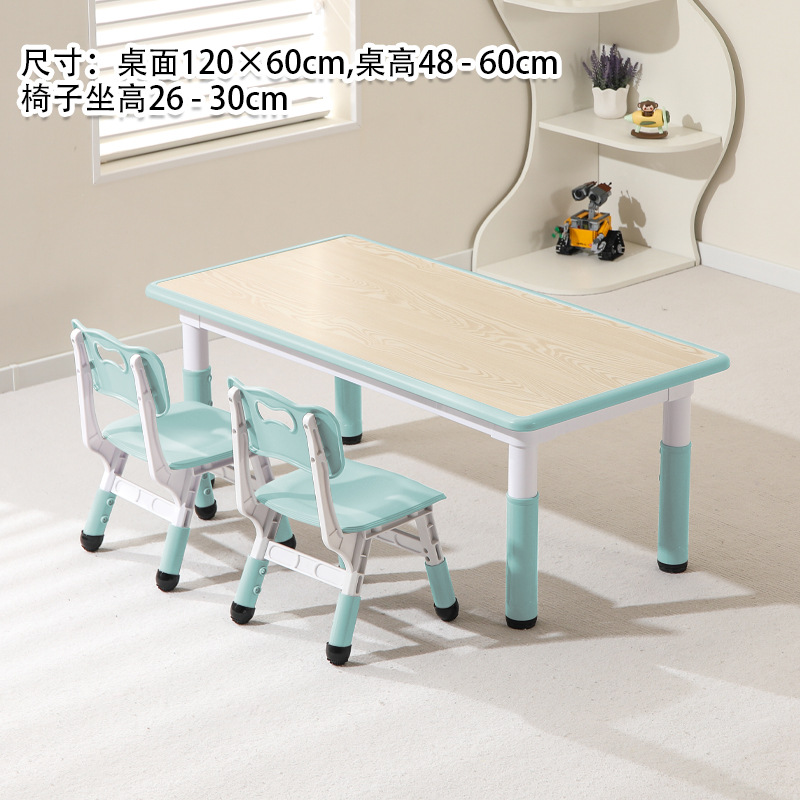 A table and two chairs in a wood-grain whale blue color.