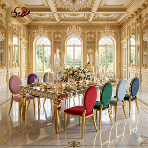 Meubles de banquet pour événements, table rectangulaire dorée en acier inoxydable avec plateau en verre miroir, table de mariage rectangulaire - Product Image 3