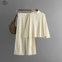 Ensemble tricoté décontracté d'hiver pour femme Lumos Cross Border Euro American, couleur unie, col roulé, pull à demi-zip et pantalon large