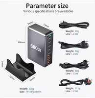 Stasiun Pengisian Daya Desktop GaN 600W 8-Port, Pengisi Daya Cepat USB-C PD 3.1 untuk Laptop MacBook Pro IPhone, Adaptor Hub Daya Profesional