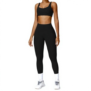 <b>Pink</b> 2-Piece Yoga Set Square Neck Long Sleeve Crop Top High Waist <b>Leggings</b> Seamless Activewear Full Length Solid Color - Product Image 5