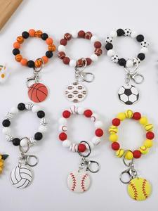 Sports Game Day Baseball Football Basketball Print Silicone Wooden Beaded <b>Wristlet</b> Keychain With Wood Chip Bangle Key Ring - Product Image 6