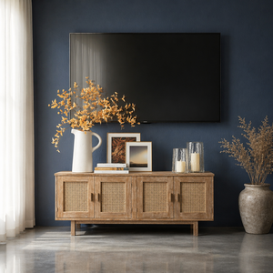 Meuble TV en rotin style ferme avec 2 armoires et pieds en bois massif, centre de divertissement, console multimédia, support TV pour salon et chambre - Product Image 1