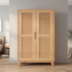 Modern Wooden <b>Wardrobe</b> With Shutter Doors Hinged Freestanding Scandinavian Design Bedroom Storage Cabinet - Product Image 5