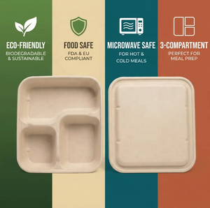 Boîte à lunch carrée à 3 compartiments en <span class=keywords><strong>fibre</strong></span> <span class=keywords><strong>de</strong></span> canne à sucre, plateau alimentaire tri-sectionnel avec couvercle pour la livraison et la restauration – Meilleure vente - Product Image 6