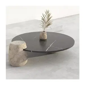 SHIHUI Customized Modern Design Black Nero Marquina Marble Table Top Outdoor Big Round River Stone Garden Marble Coffee Table