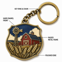Portachiavi Smaltato Personalizzato Serie Vintage Fattoria, Souvenir Premium 3D in Rilievo Oro Antico con Trattore e Fienile per Regalo e Collezione