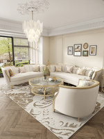 Ensemble de canapés incurvés de luxe, revêtement blanc, garniture dorée, 3 pièces, mobilier de salon, canapé deux places capitonné à accoudoirs roulés, fauteuil, canapé de maison
