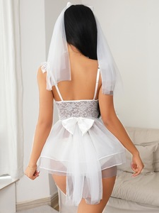 Serre-têtes de mariage, Lingerie sexy pour mariée, Robe de costume à col licou en maille à volants avec string - Product Image 6