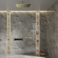 Système de douche mural contemporain en laiton poli, mitigeur monocommande, finition céramique noir mat, pommeau de douche pluie encastré, massage, pour hôtel
