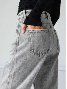 OEM OED <span class=keywords><strong>Jeans</strong></span> droits à taille haute pour femmes Denim <span class=keywords><strong>gris</strong></span> brodé Rivet Bouton Loose Fit Baggy <span class=keywords><strong>Mom</strong></span> Style Long Drapé Casual Waist - Product Image 3