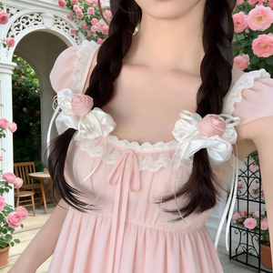 Accessorio per capelli coreano con fiore rosa Muhly bianco dolce e rosa, fiocco e nastri, elastico a scrunchie per ragazze - Product Image 6