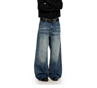 Jean en denim de coton bleu foncé délavé coupe bootcut style américain taille mi-haute unisexe vintage pour toutes les saisons