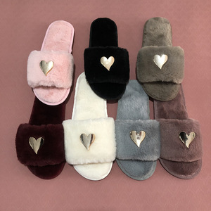 Moda <span class=keywords><strong>donna</strong></span> sandali <span class=keywords><strong>ciabatte</strong></span> in pelliccia piatta Hotel soffice Slip scivoli caldi con cuore interno in tinta unita scivoli soffici pantofole - Product Image 1