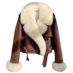 All'ingrosso giacca invernale in pelle scamosciata giacca di <span class=keywords><strong>pelliccia</strong></span> di vera volpe collo di <span class=keywords><strong>pelliccia</strong></span> <span class=keywords><strong>cappotto</strong></span> di pelle per donna - Product Image 1